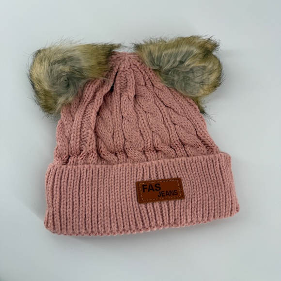 FAS Girls Cable Knit Double Pom Beanie Pink Faux Fur Winter Hat - Picture 1 of 4